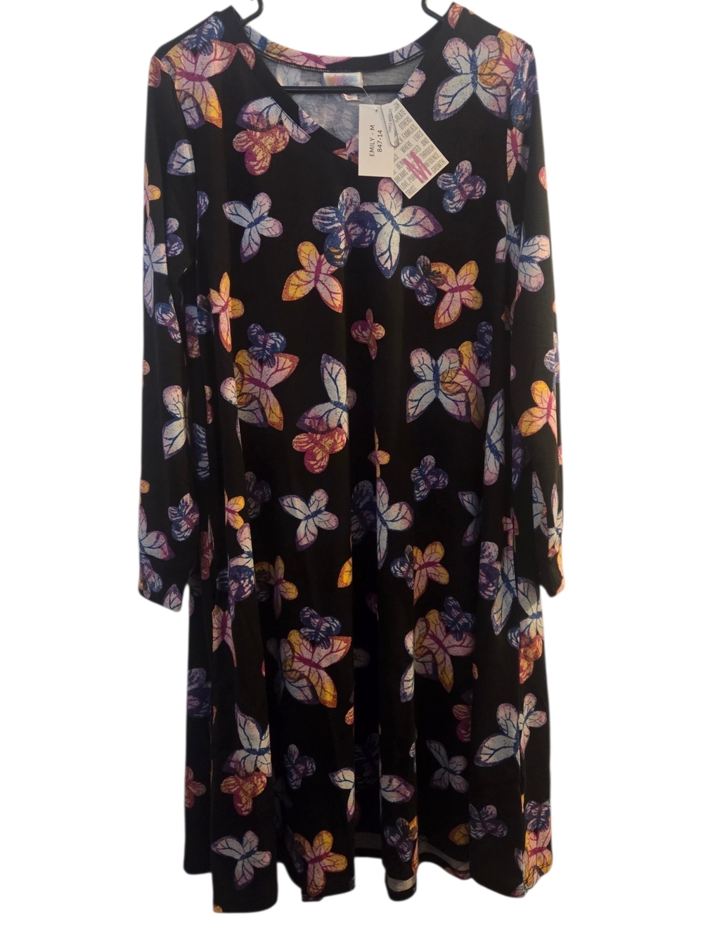 LuLaRoe Black Long Sleeve Dress with Multicolor Butterfly Print